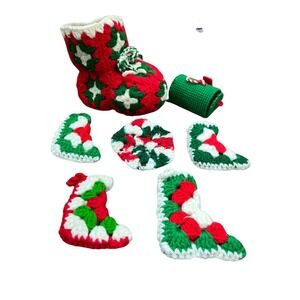 Vintage Handmade Crochet Christmas Boot Stockings Mailbox‎ & Doily Grandmacore